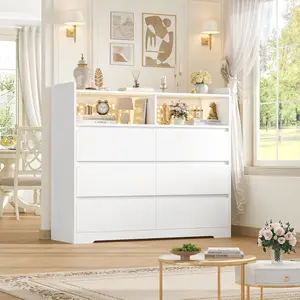 FOTOSOK White Dresser 6 Drawer, 47.2" Dresser for Bedroom Chest of Drawers with 2 Open Cabinets, Wood Dresser Modern Dresser Storage Drawers for Home & Office