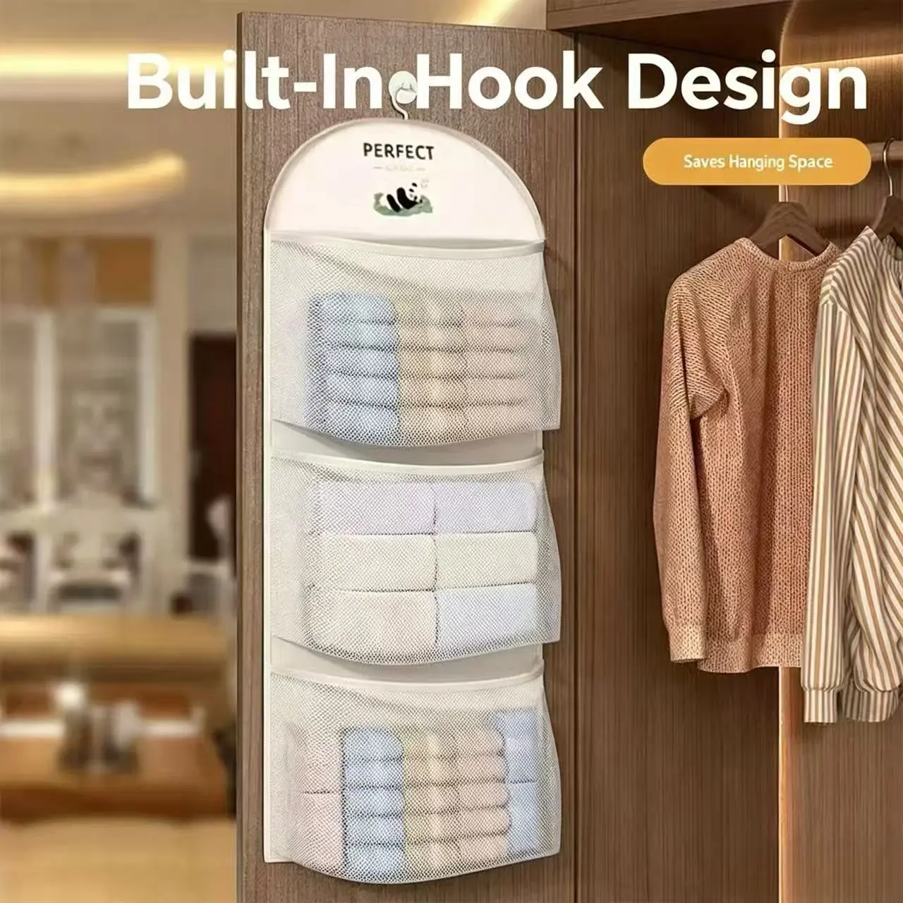 Multi Purpose Multi Layer Mesh Storage Hanging Bag,Hanging Storage with Metal Hanger Mesh Pockets for Bra Underwear Socks,Pockets Hang Store Bag for Door Wall Closet