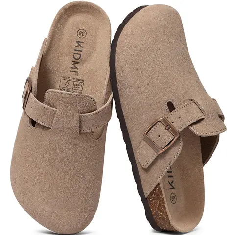 KIDMI Genuine Suede Clogs for Women Men Cork Footbed Mules Potato Shoes Arch Support, Comfortable, Leather Round Toe Slip On, Fall, Casual, Indoor Outdoor, Non-slip Rubber Sole, Adjustable Metal Buckle,Walking Shoes