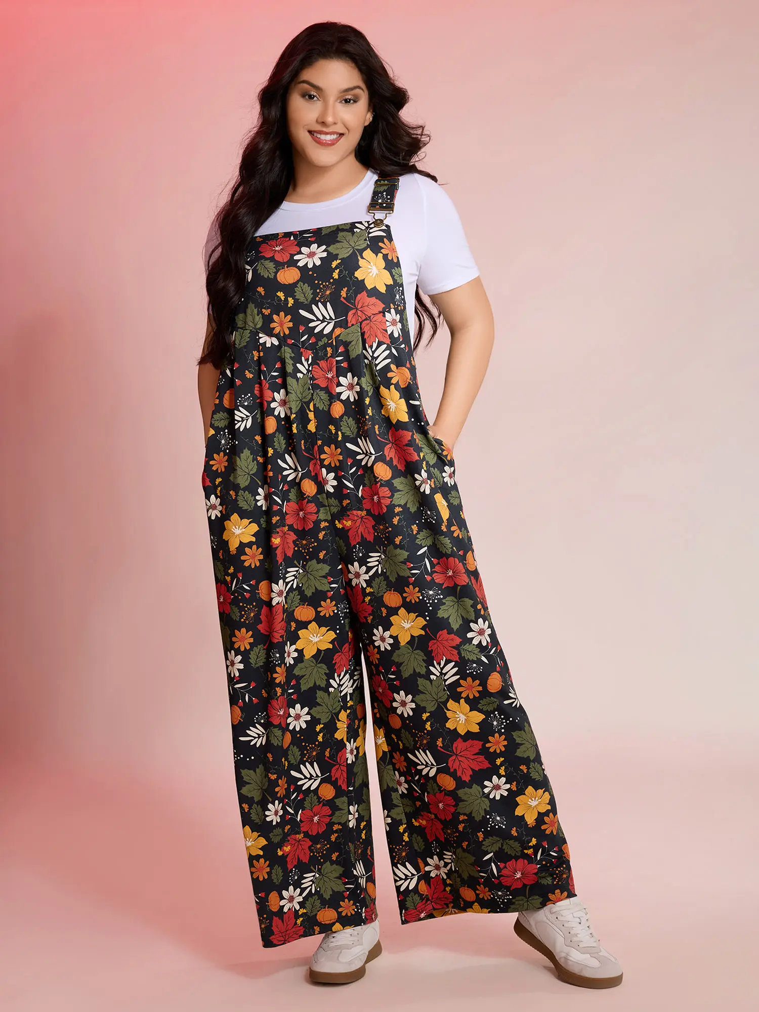BloomChic Lady's Women's Clothes Overalls for Women - Retro Floral Print,Relaxed Baggy Long Fit Spandex,Sleeved,Pockets,Body Flattering,[M-6X] 2026 Summer Black Swimweek Jumpsuit,Casual Curvy Plus Size Womenswear,Garment,Fabric,Summerfinds