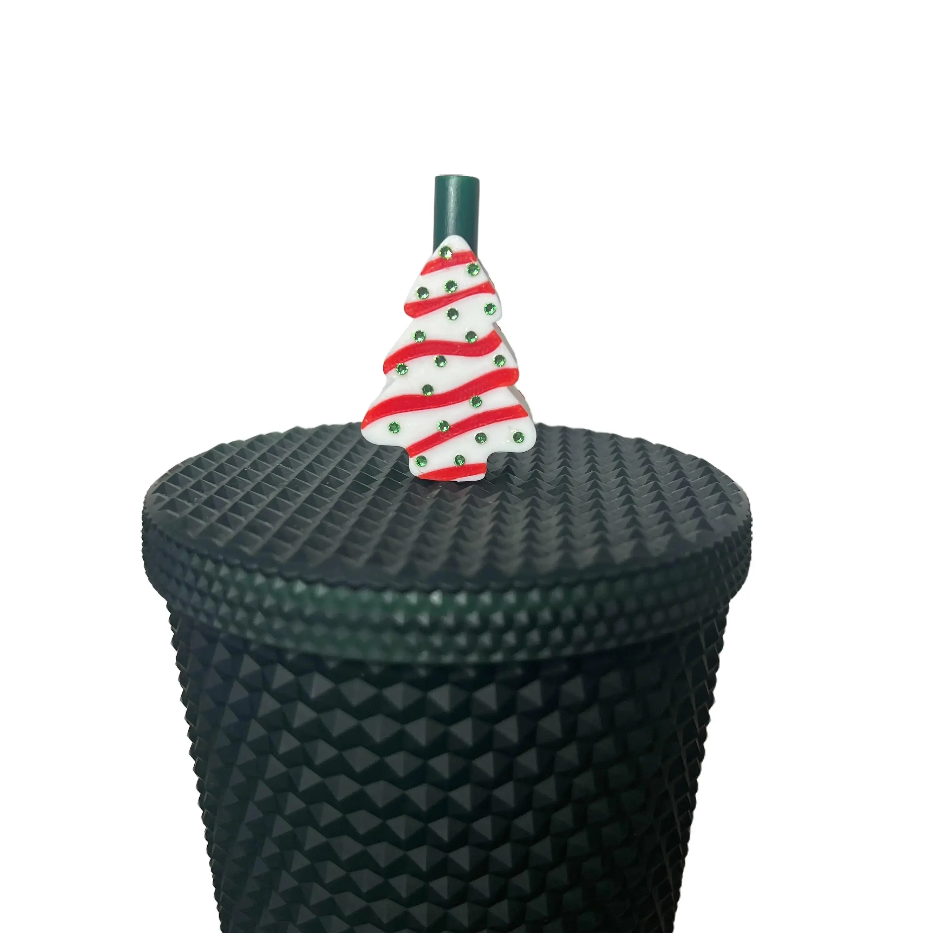Festive White and Red Christmas Tree Cake Straw Topper for Tumbler with Rhinestones Drinkware Handmade