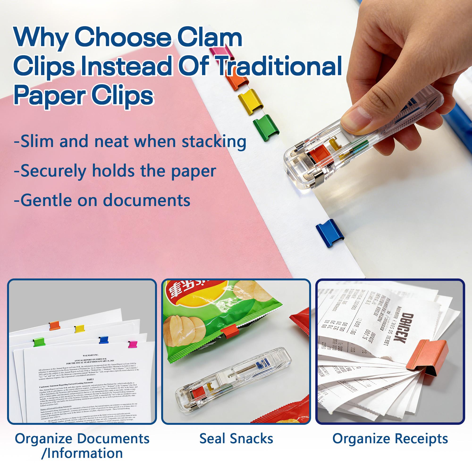 Reusable Portable Clam Paper Clip Dispenser Kit - 40-Sheet Capacity, 2 Dispensers, 100 Assorted-Color Metal Refill Clips, Mini Snack Bag Sealer, Ideal for Home & Office Use, various tool