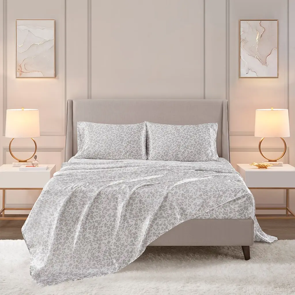 Madison Park Essentials MPE20-999 Single Size Gray Leopard Printed Satin 360-Stand Wrinkle-Free Polyester Silk-Like Sheets Set - Gentle on Skin and Hair, Reduces Friction, Machine Washable, All Seasons Decorative Bedsheet Sets, 66x96x0.13in Bedding