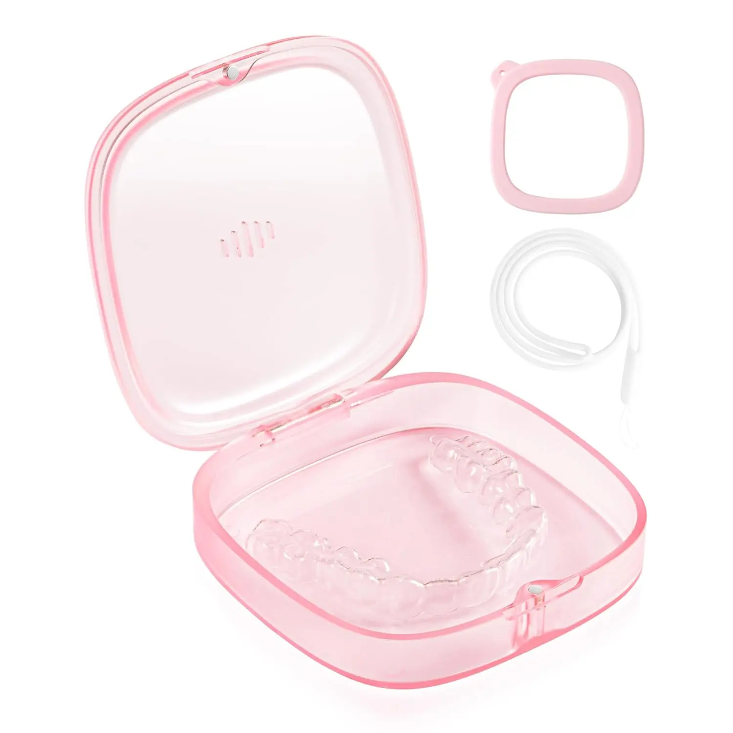Orthodontic Retainer Case with Strap - 3.2 x 3.2 Inch, Dental Aligner Case Box with Holes, Cute Magnetic Retainer Holder for Night Guard| Compact (Light Pink)