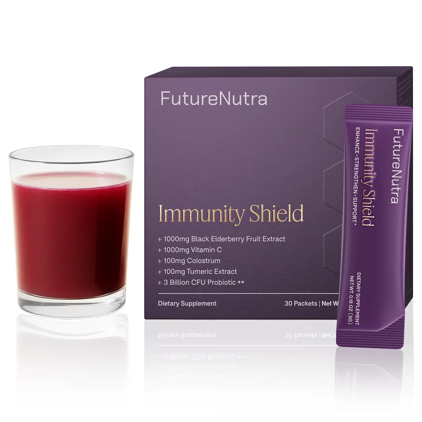 FutureNutra Immunity Shield Elderberry Powder Drink Mix - 30 Easy Mix Sachets, Berry Flavor, Daily Immune Support Supplement with Vitamin C, Probiotic Blend, Colostrum & Turmeric Extract, Turmeric Vitamins Supplements, Protein Powder