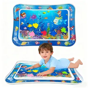 Inflatable Water Play Mat for Kids Aged 3+, Crawling Pad with Cute Ocean Animals, Sensory Water Mat, Tummy Time Mat, Blue, 27.5x19.7 Inches