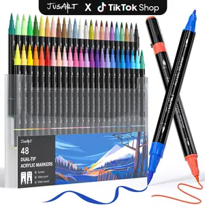 [JusArt] 48/24 Colors Dual Tip Acrylic Paint Pens Markers, Brush and Fine Tip, Premium Paint Pens for Various Surfaces, Acrylic Paint Markers, Markers for Coloring, Art Supplies, Acrylic Marker, Coloring Supplies