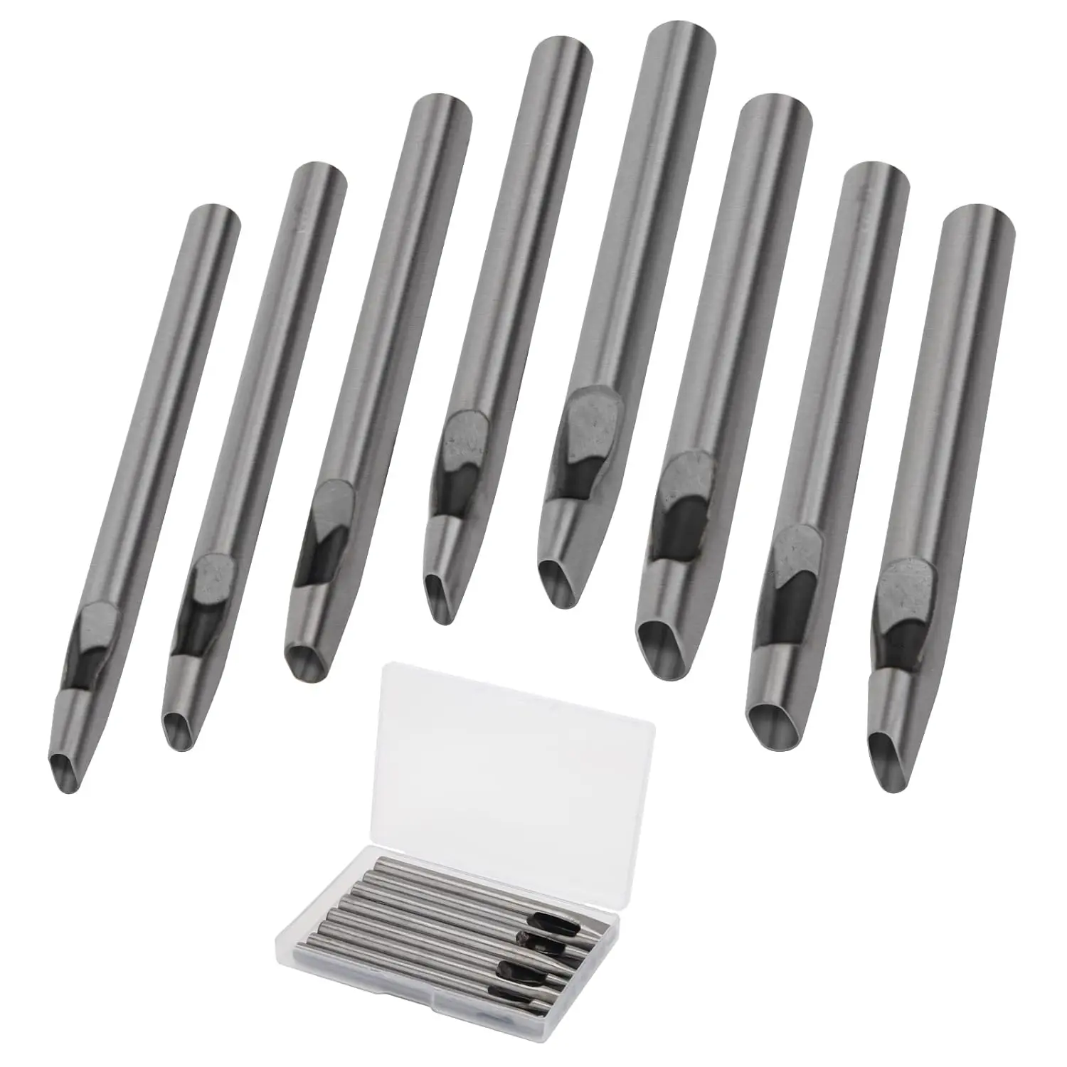 Oval Leather Hole Punch Tool Set - Steel Leathercraft Tool with Plastic Storage Box, 8 Sizes (2mm-5mm,2x6mm,3x10mm,4x8mm), Solid Build, Full Polishing, Smooth Surface, Anti-Rust Oil for Watch Band, Belt, Firm And Sturdy, Oval Hole Punch Tool