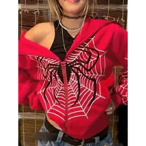 Women's Y2K Spider Web Print Zip-Up Hoodie Jacket - Vibrant Red Geometric Pattern, Long Sleeve Machine Washable Fall Casual Streetwear, Spider Hoodie, Seasonal Clothing, Bold Design, Quality Stitching, Statement Piece, Fashion Enthusiasts