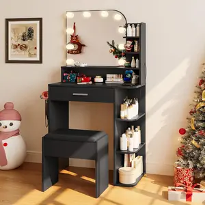 Makeup Vanity Desk with Chair & Mirror 3 Lighting Modes Warm Neutral Daylight Compact Vanity Table for Small Space Girls Vanity Set with Power Outlet and Storage