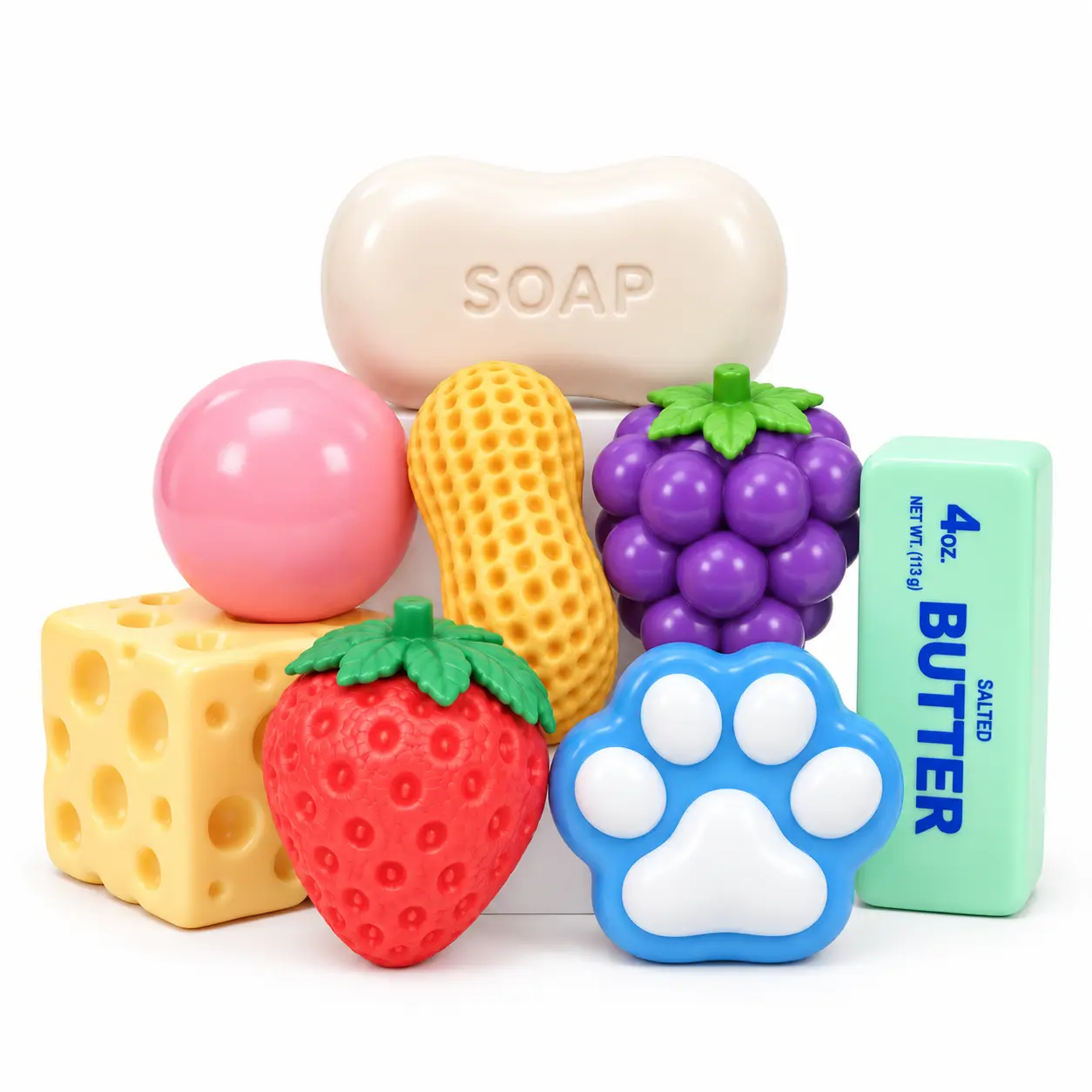 8 Pack Squishy Fidget Toys Set with Cat Paw, Strawberry, Grape, Cheese, Peanut, Soap, Butter and Pink Ball