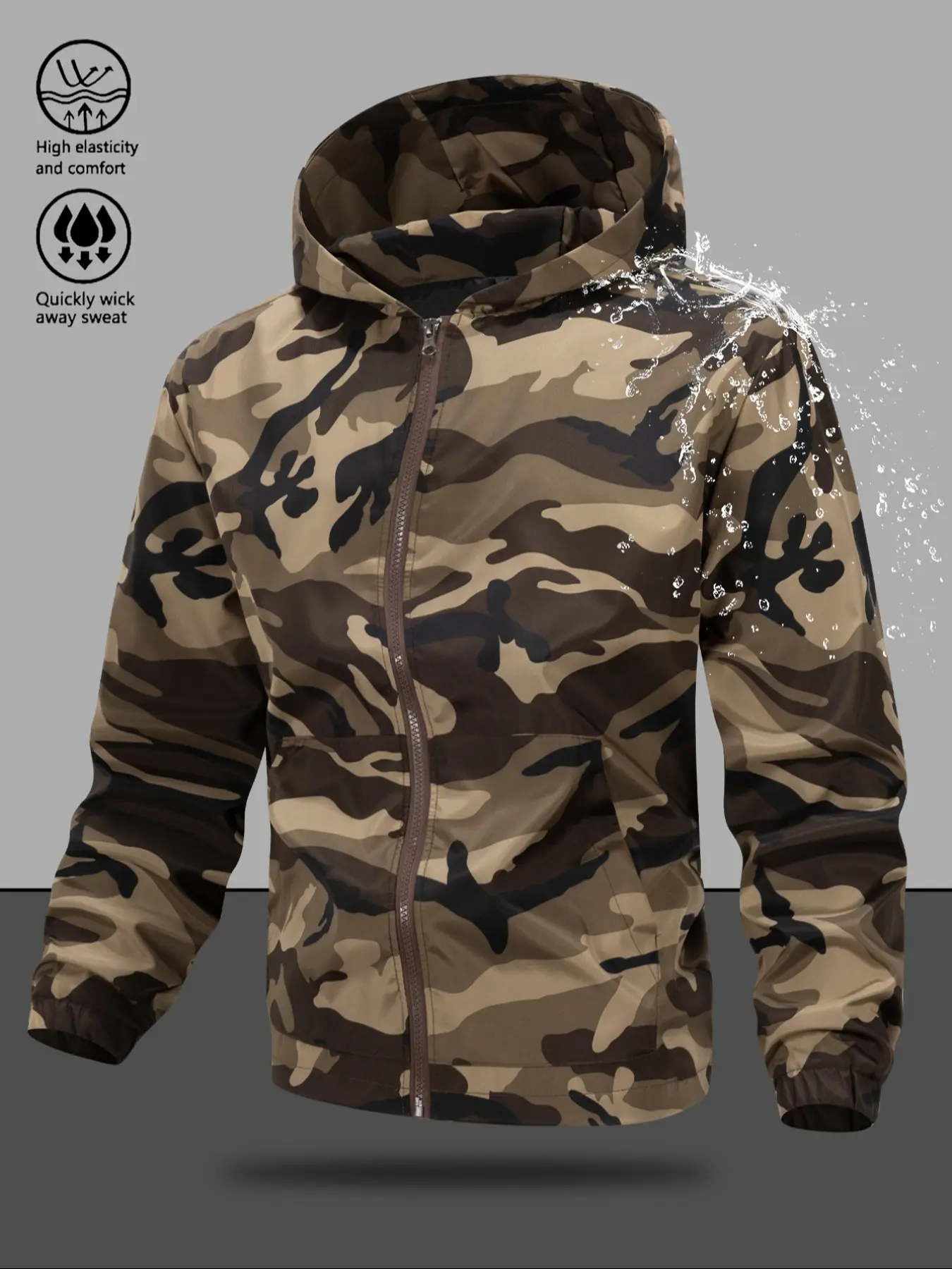 Men's Waterproof Hooded Camo Jacket Coats Menswear, Casual Fashion Windproof Zipper Outerwear, Long Sleeve Fitted Design with Pockets Camouflage