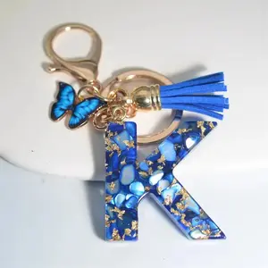 Fashion Blue Glazed Stone A to Z Letter Keychain 26 Initials Alphabet Butterfly Tassel Pendant Car Key Chain Women Jewelry GIfts