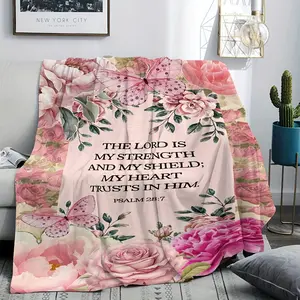 1pc Bible Psalm & Traditional Floral Blanket - Soft Warm Flannel Bedspread Suitable for All-Season Couch, Camping, Picnic - Multi-Use Cozy Bed Covering with Psalms Design