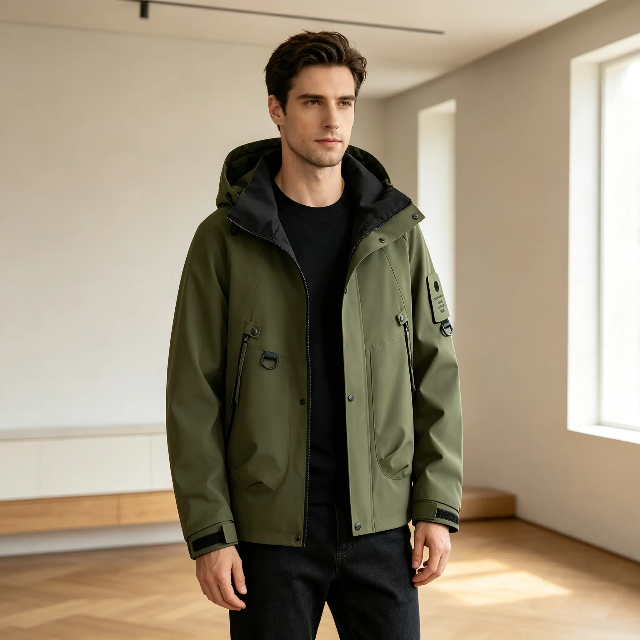 Male 2-Piece Loose-Fit Hooded Jacket Set - Regular Length, Standard Sizes, Windproof, Waterproof, Lightweight Polyester Zip-Up Outdoor Wear for Hiking Trips
