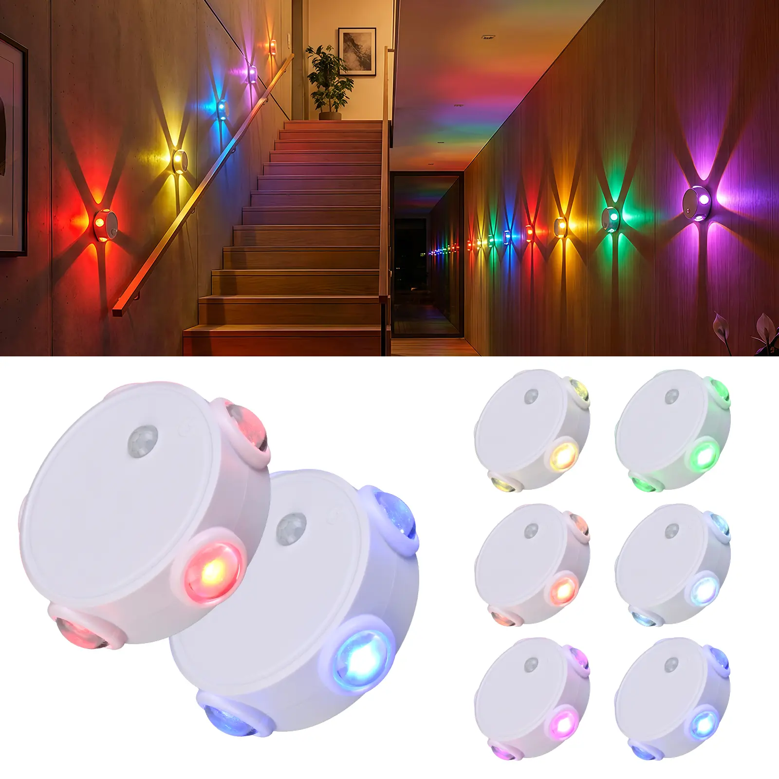 LEDDOTEC Smart RGB Motion Sensor LED Wall Light - LED Lights, Ambient Lighting, 7 Color Switching Modes, USB Rechargeable, Magnetic Mount, Dimmable, Built-in Cells, Plastic Body, Sensor Mode, for Bedrooms, Staircases, Colorful Ambient Light, Bedroom Decor