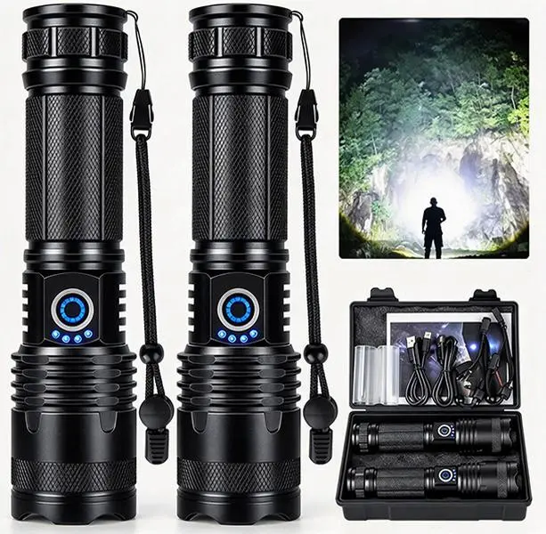 2-Pack LEDFlashlight for Camping and  Use, Rechargeable Tactical Flashlight with Multiple Light Modes,Portable Handheld Flashlights with Wrist Straps, 7.87 Inches home  night outdoor emergency super bright ipx7 waterproof Rechargeable Solar Light torches 