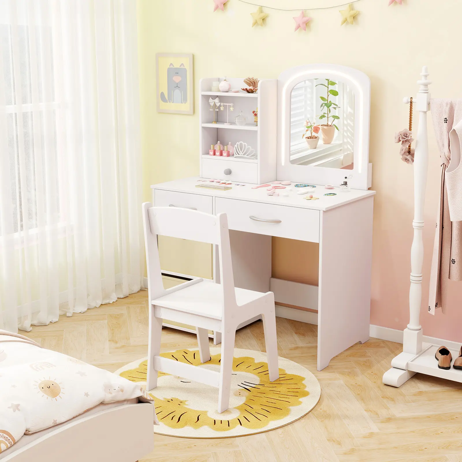 COSTWAY - Kids Vanity Set with Lighted Mirror Makeup Desk and Chair Set with Drawers-White