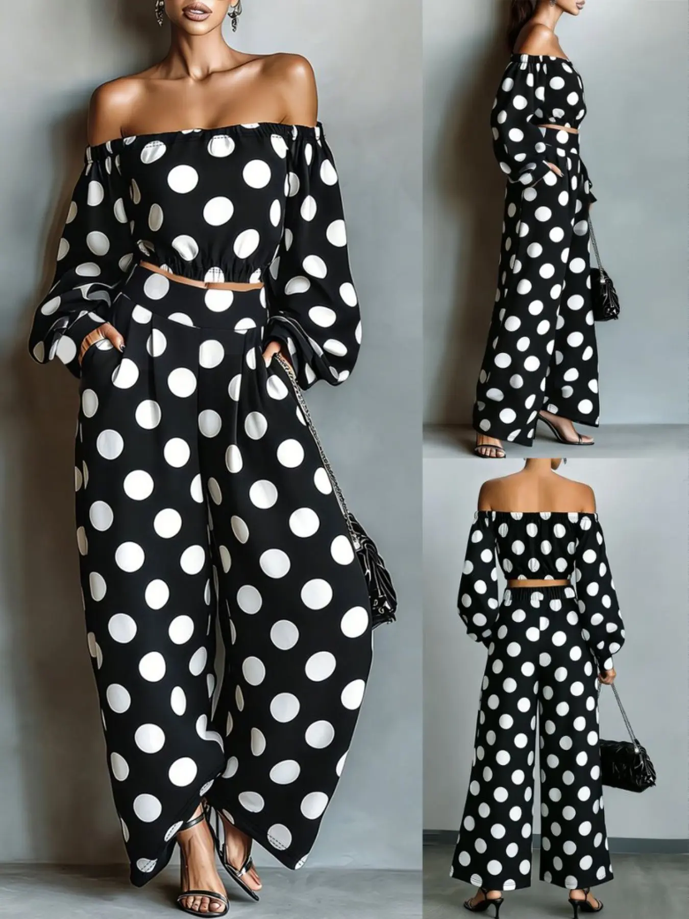 Vintage Newspaper-Inspired & Polka Dot One-Shoulder Long Sleeves Set, Retro Style Fashion Elegance, Perfect for Casual Wear Womenswear