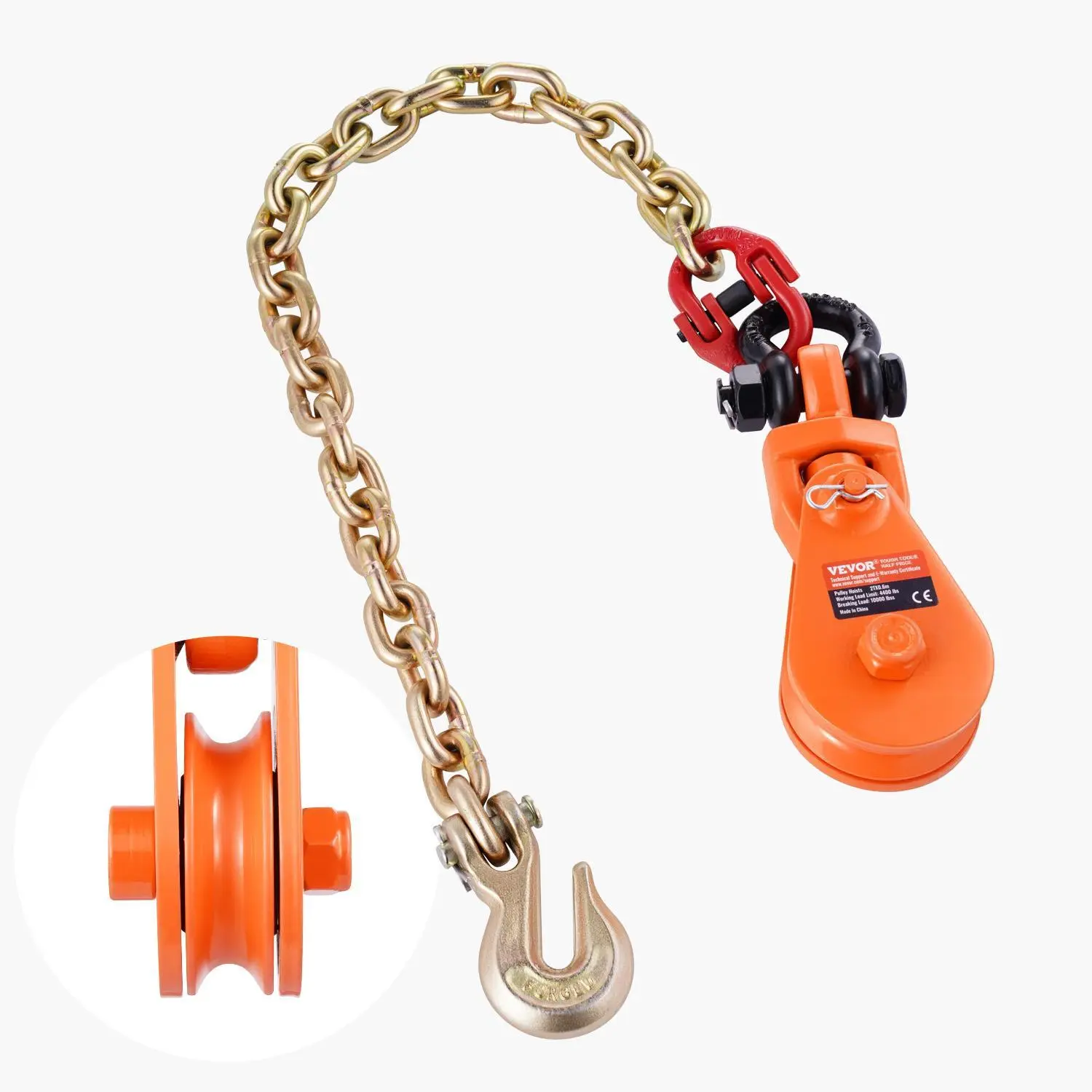 VEVOR 2-Ton (4400 lbs) G80 Chain Snatch Block, 180° Swivel Ring, Swivel Hook, 3" Sheave for 3/8" Wire Rope, Smooth Bearing Roll, Industrial Heavy Lift, Outdoor Recovery, Flatbed Tow Truck Use (10,000 Lbs (4.5T) Capacity)
