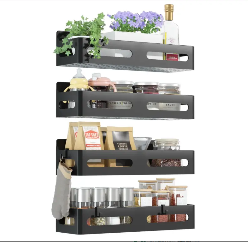 Sevenblue 4-Pack Magnetic Spice Rack for Refrigerator with Hooks, Black | Strong multipurpose magnetic shelf for kitchen & bathroom organization. Includes 4 removable hooks for hanging items.