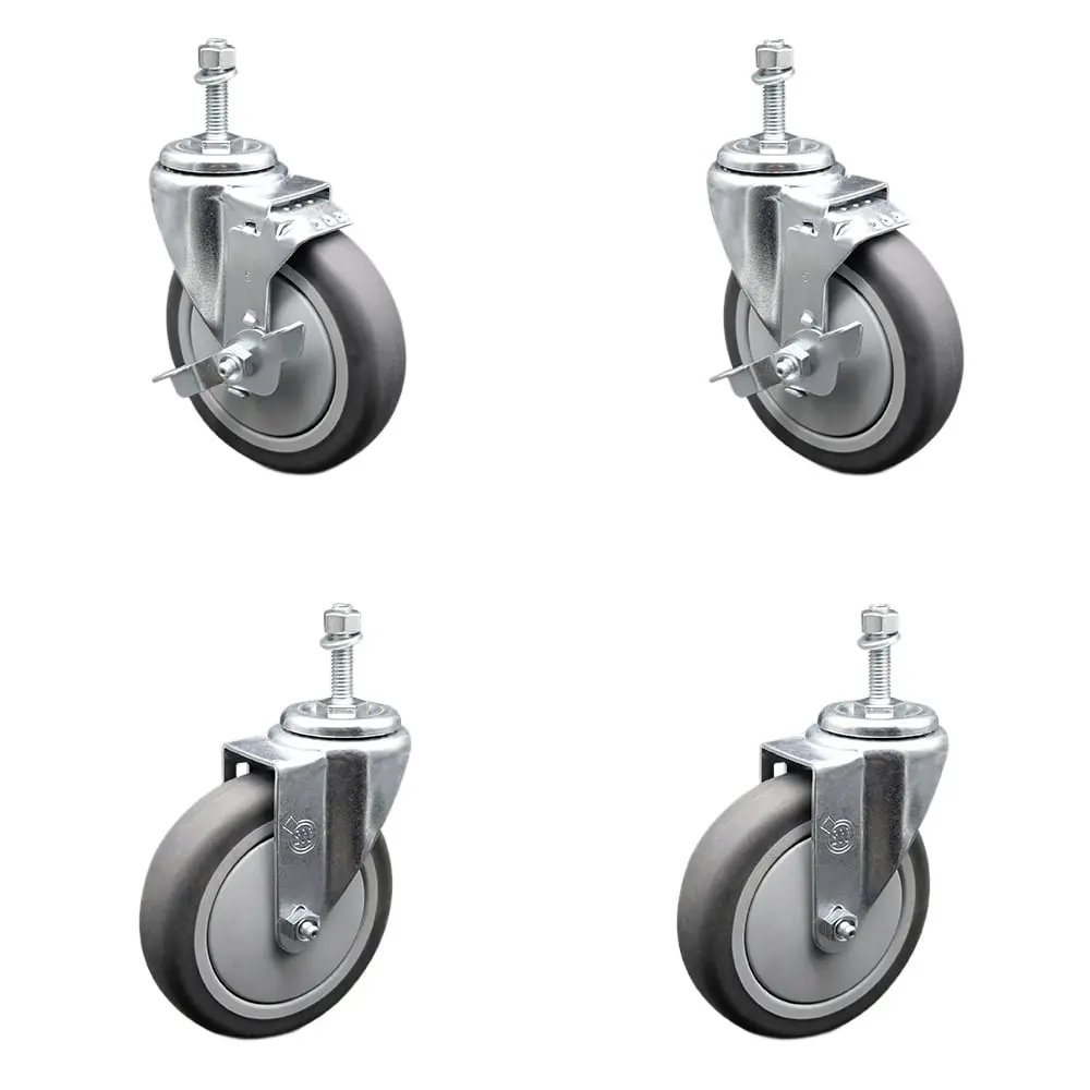 Service Caster Series No.20 SCC-TS20S514-TPRB-M1015-2-TLB-2 Swivel Threaded Stem Caster Set (4), 5"x1.25" Gray Thermoplastic Rubber Wheels, 10mm Metric Stem Mount, 2 with Top Locking Brake, 1200 lbs Capacity for Carts, Material Handling on Hard Surfaces