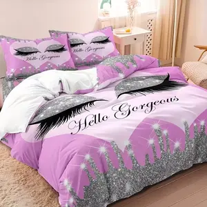 3pcs Hello Gorgeous Dreamy Eyelash Bed Set, Bedroom Bedding Set, 100% Soft Breathable Polyester, for All Seasons, Includes Duvet Cover and Pillowcases