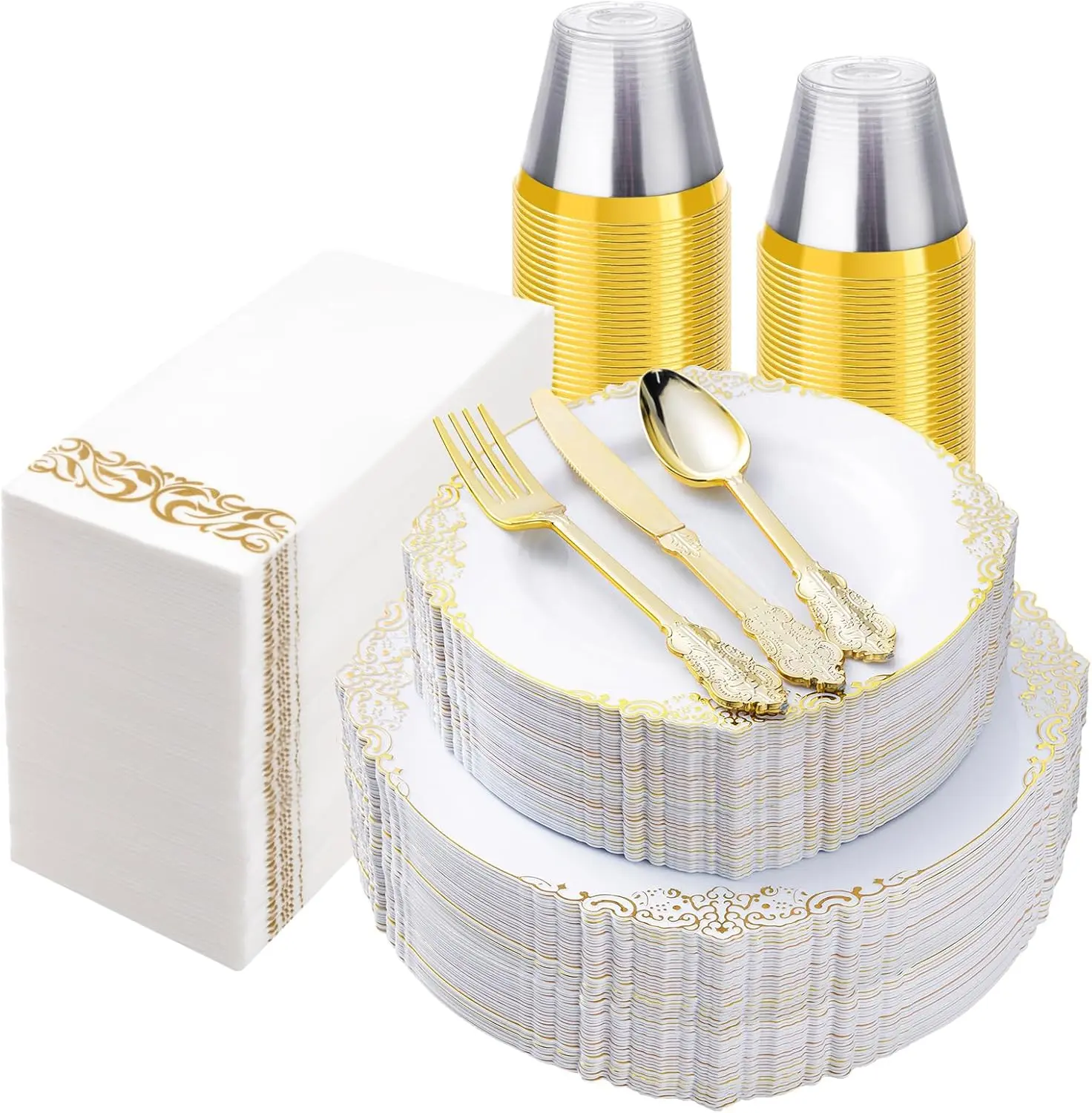 175PCS White and Gold Plastic Plates for 25 Guests, Fancy Disposable Dinnerware Set Includes 50 Disposable Plates, 75 Gold Silverware, 25 Cups, 25 Napkins for Party, Wedding
