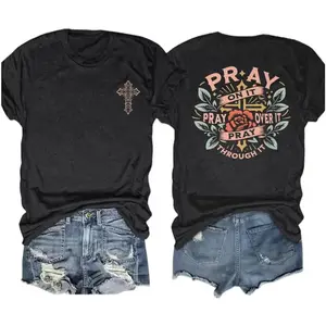 Women's Retro Christian Jesus Faith Short-Sleeve Soft Sports Top, Cross Pray Floral Print, Inspirational Bible Verse Tee (Pairs with Leggings, Swimsuit for Vibe-Focused Outdoor Activities),summervibes