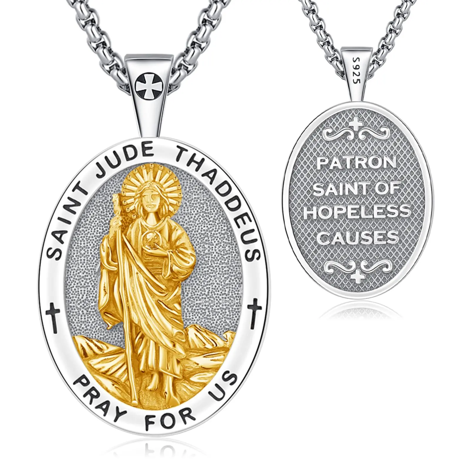 DRINSPER Saint Jude Thaddeus S925 Sterling Silver Pendant Necklace, 2-Tone Christian Medallion, Religious Amulet Jewelry for Adults, Amulet Pendant, Detailed Pendant