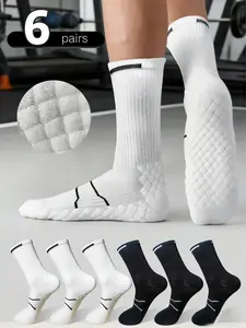 Marathon Basketball Running Men's Crew Socks 6 Pairs , Black White Terry Bottom Odor Resistant Moisture Wicking Breathable Durable Fitness Socks Athletic Socks All Season Socks