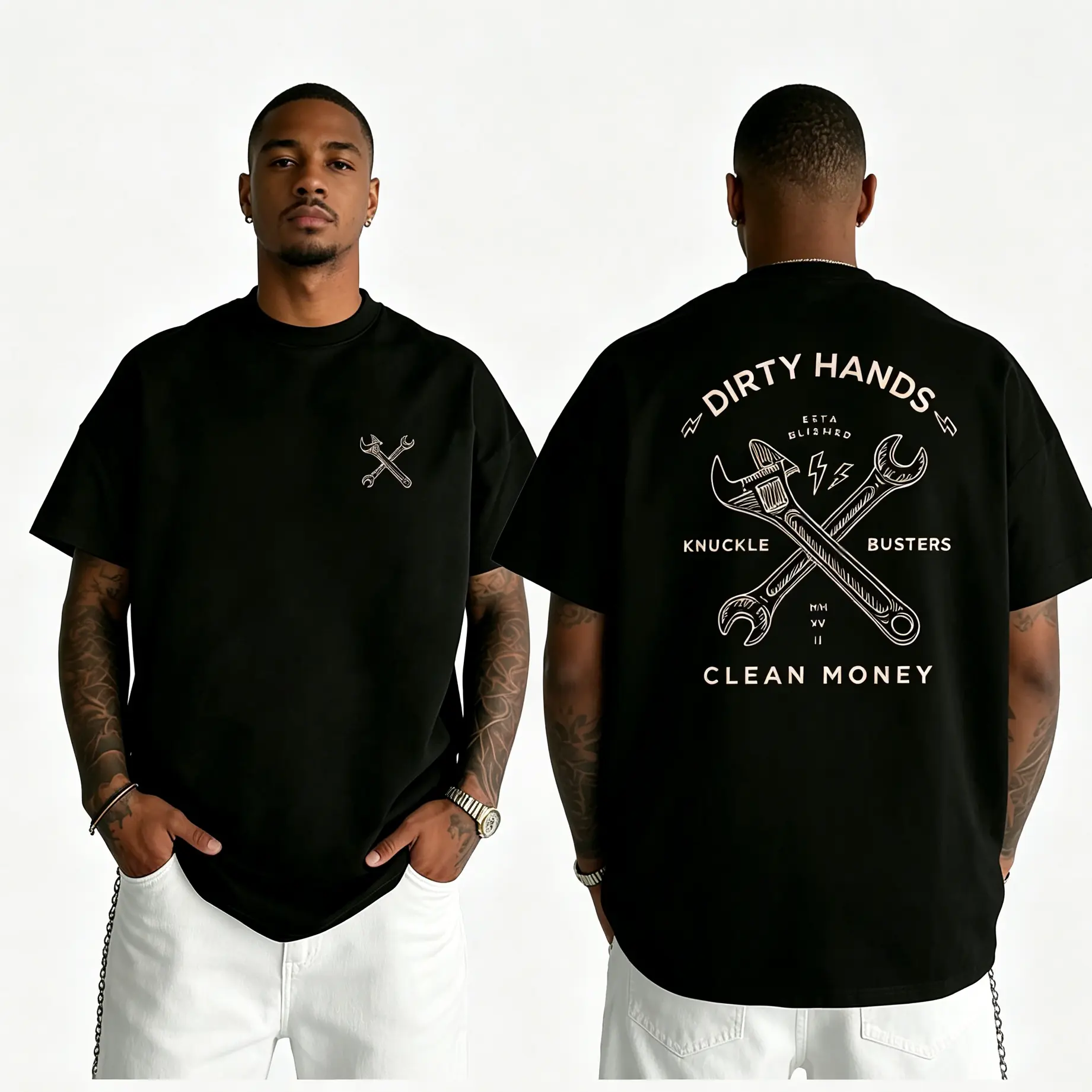 "Dirty Hands, Clean Money" wrench graphic t-shirt, workwear-style graphic print t-shirt, comfortable fabric short-sleeved top. Round Neck Streetwear