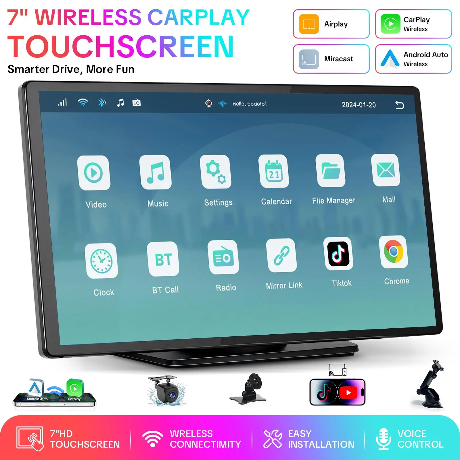 Paslda-2026 7-Inch IPS Touchscreen Portable Carplay Screen, Wireless Carplay & Android Auto, Suction Mount, Landscape/Portrait Modes, Mirror Link, Easy Install, Rear View Camera Compatible with Most Cars, Car Accessories, Accessories For Car