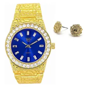 MaxBling81 Hip Hop Style Iced Gold-Finished Bling Golden Nugget Design Blue Dial Luxury Casual Analog Watch & Earrings Combo Set for Men