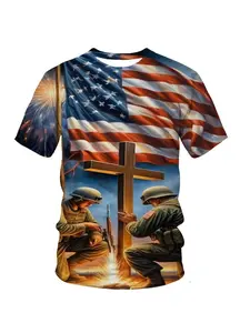 Men's Patriotic 3D Printed T-Shirt, American Flag Soldier Pattern, Short Sleeve, Round Neck, Casual Wear, Plus Size, All Seasons, Streetwear