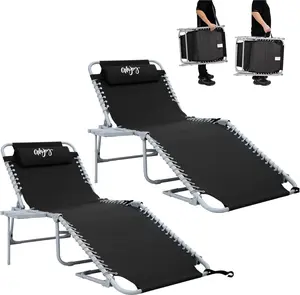 # WEJOY 2 Pack Lounge Chairs with Side Table - 5-Position Adjustable Folding Chaise Lounge - Portable Lay Flat Tanning Chair with Shoulder Strap & Pillow for Beach, Pool, Patio (Black)