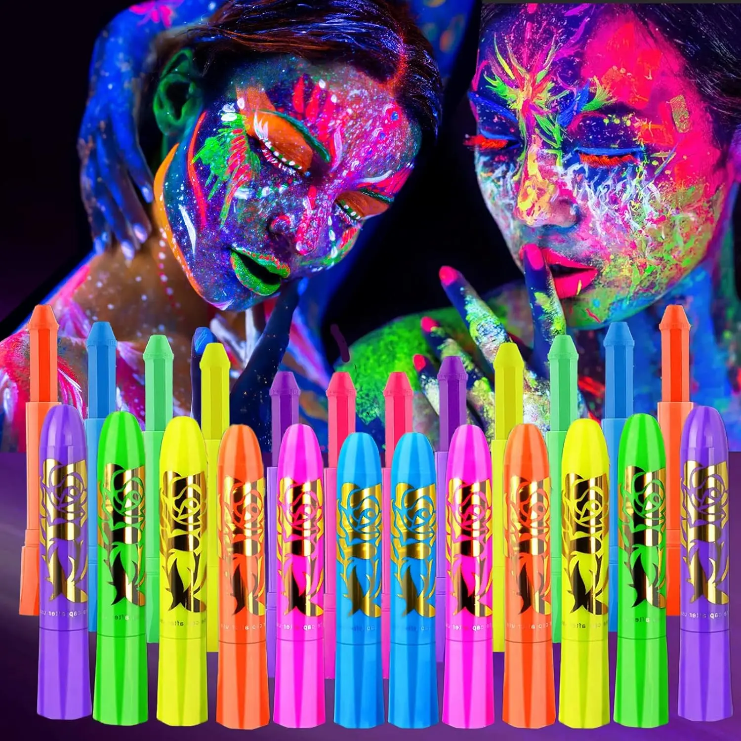 6/12 PCS Glow Face Body Paint, Glow In The Dark Under UV Black Light Sticks Makeup Neon Face Painting Kits for Adult Halloween Festival Accessory Glow Party Supplies