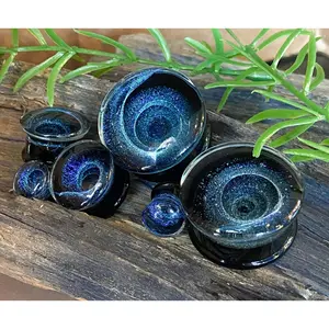 PAIR of Stunning Blue Vortex Swirl Design Pyrex Glass Double Flare Plugs/Tunnels - Gauges 2g (6mm) through 1" (25mm)