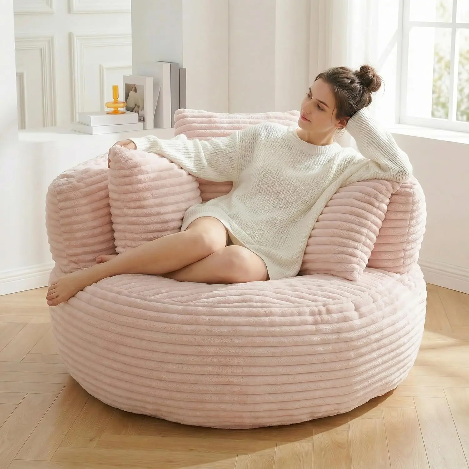 Bean Bag Chair, Corduroy Oversized Chair for Adults, Comfy Big Accent Sofa Lounge Floor Chair, Stuffed Bean Bag Couch for Gaming, Reading, Living Room, Bedroom, Pink