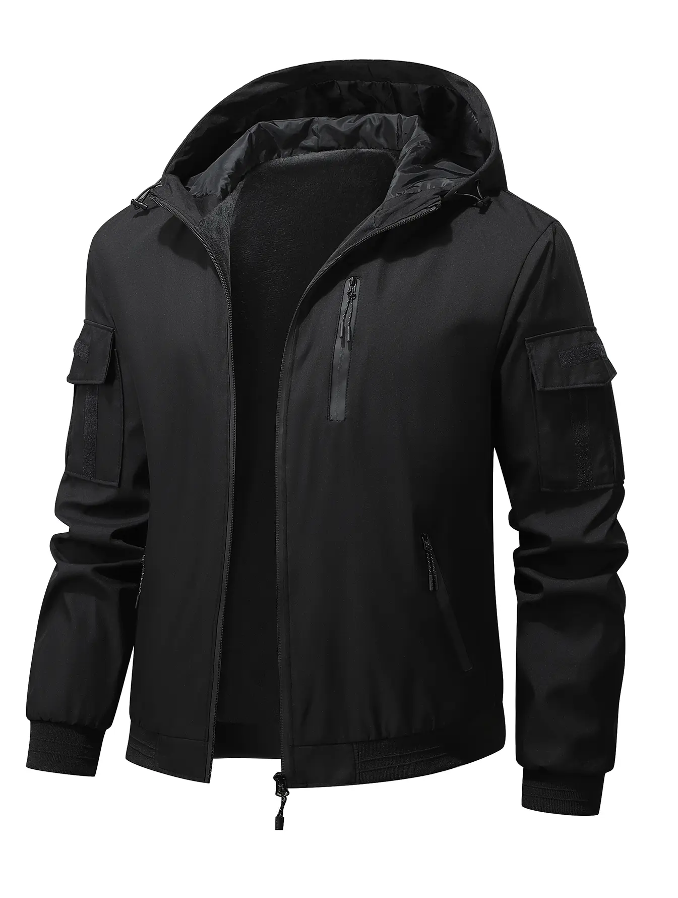 Men's Black Utility Hooded Jacket with Multi-Pocket Zip-Up Casual Coat for Everyday Wear Medium Size 100% Polyester Fiber