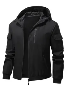 Men's Black Utility Hooded Jacket with Multi-Pocket Zip-Up Casual Coat for Everyday Wear Medium Size 100% Polyester Fiber