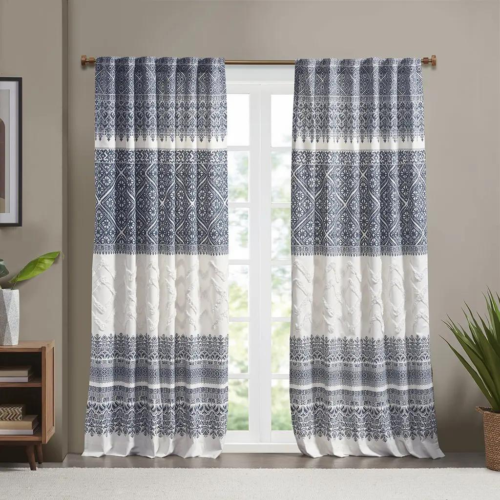 Cotton Lined Window Curtain Panel - Global Inspired Print, Rich Tufted Chenille Detailing, Back Tabs, Rod Pocket Top, Curtain for Windows