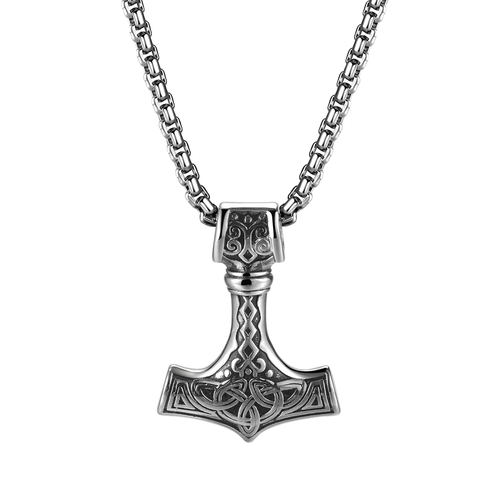 OIDEA Viking Style Stainless Steel Thor Hammer Necklace for Men, Rust-Resistant Norse Mjolnir Celtic Knot Amulet Pendant, 21-Inch Steel Necklace Pagan Birthday Gift for Teen Boys, Rust-Resistant Necklaces, Steel Necklaces