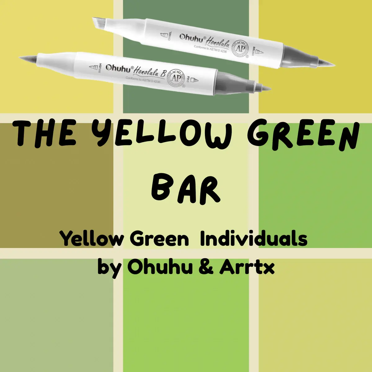 Ohuhu Honolulu B Yellow Greens Marker - Brush, Fine, Chisel Tips - Single Color Alcohol Ink Coloring Tool for Artists, Brush and Fine Tip Option - Sold by The Marker Monster