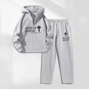 Men’s 2-Piece GOD Graphic Sweatsuit Set Outfit - Zipper-Collar Long-Sleeve Hoodie with Pockets, Drawstring Casual Fit Loose Sweatpants, Men's Sportswear Tracksuit Sweat Suits, Fall-Winter Gym Activewear