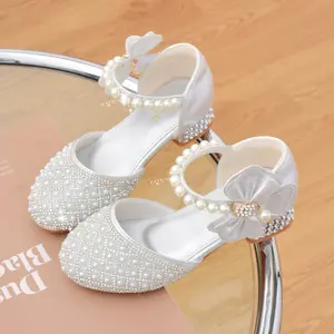 Glitter Rhinestone Shoes with Pearl Bow, Round Toe Block Heel, Non-Slip Faux Leather Sole & Insole, Fashionable for School, Dance, Wedding, Party - Spring/Fall Collection