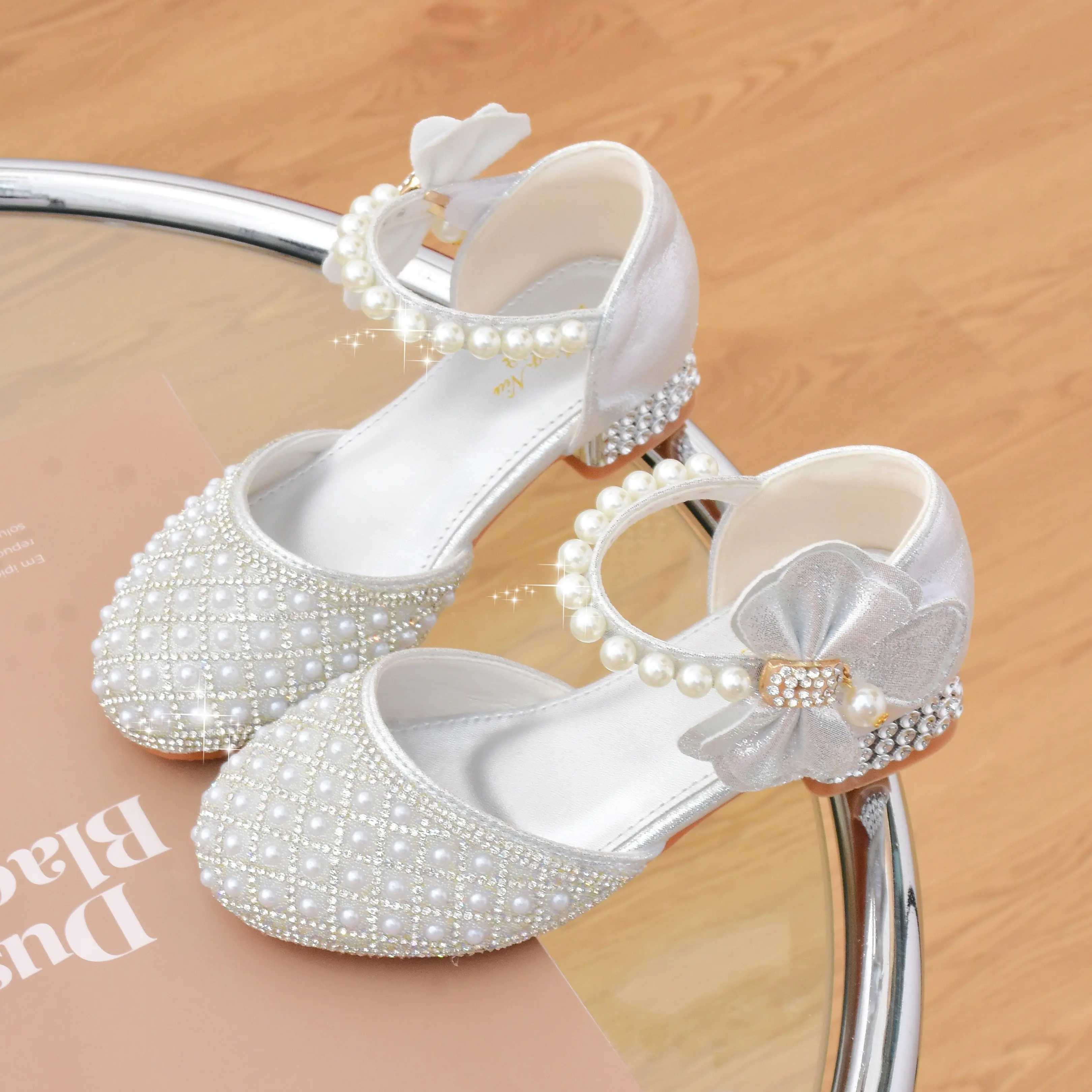 Women's Glitter Rhinestone Pearl Bow Heels, Round Toe Block Heel, Non-Slip Faux Leather Sole & Insole, Ideal for Wedding, Night Out - Spring-Fall Collection, Geometric, Rhinestones