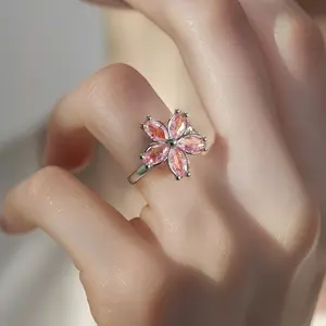 Women's Sakura Pink 360-Degree Rotatable Cubic Zirconia Flower Anxiety Relief Ring Set, Casual Articulated Rings, Daily Fashion Costume Jewelry Accessory, Cubic Zirconia Rings