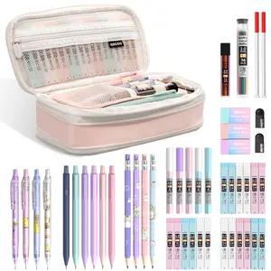 Nicpro 47 Pack Aesthetic School Supplies in Big Capacity Pen Case, Cute Pastel Mechanical Pencils 0.5, 0.7, 0.9 & 2mm Lead Holder with 25 Tube Lead Refills 4B 2B HB 2H Color, Erasers for Student Writing