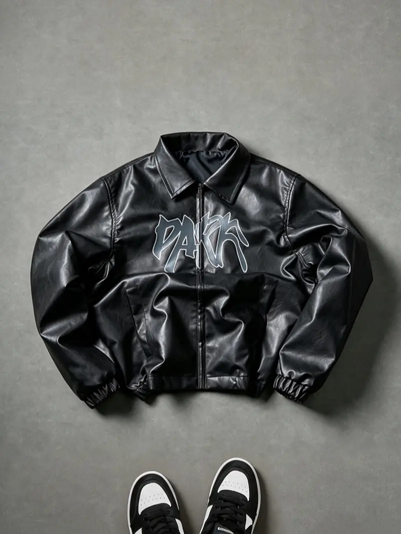 Men’s retro hip-hop gothic graffiti print faux leather jacket, casual loose fit turn-down collar zip-up short PU street jacket, dark street skate trend outerwear, casual skate trend everyday streetwear.